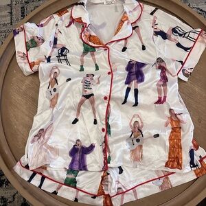 Taylor Swift White Satin Pajama Set with Red Trim